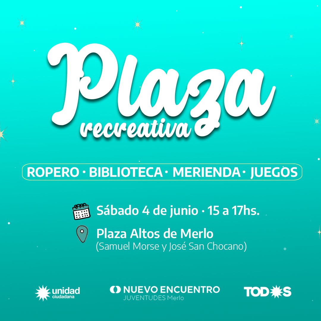 juvenemerlo's tweet photo. 👉 Este sábado desde las 15hs. nos encontramos en la Plaza de Altos de Merlo, para llevar adelante una Plaza Recreativa,  juegos, ropero solidario, biblioteca comunitaria y merienda para lxs pibxs del barrio.

#NuevoEncuentro #Juventudes #Merlo #NE #Todxs #AltosDeMerlo https://t.co/ATBhDwE5zL