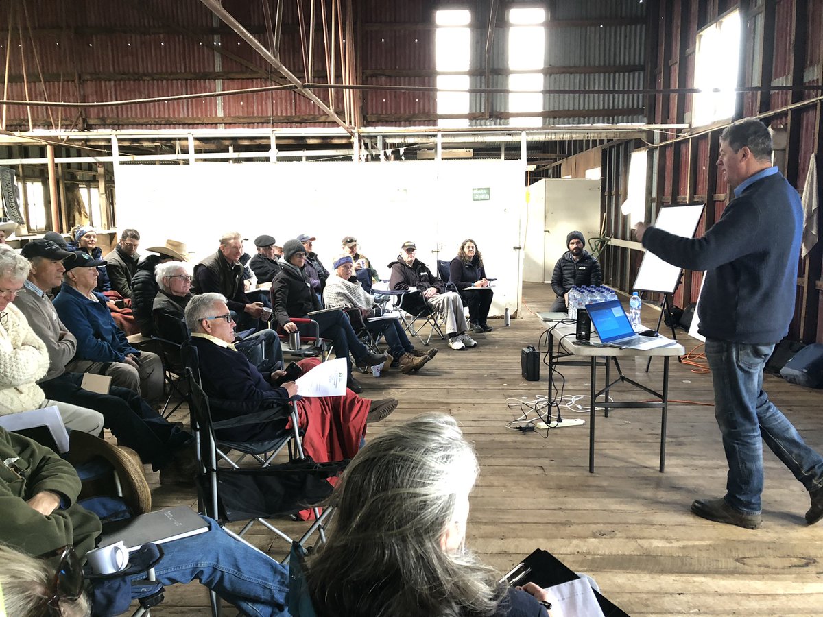 AlHunterRural's tweet photo. Welcoming @TheMulloonInst to Urandangie, #Guyra for a field day on #LandscapeRehydration Fundamentals. Peter Hazell is kicking off with his presentation in the woolshed. @llsnsw @ARC2350 https://t.co/LCoC6kJ8ib