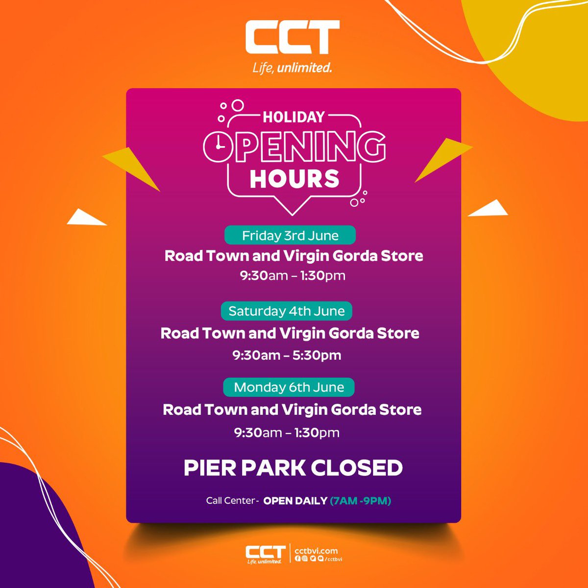 CCTBVI's tweet photo. Please see our opening hours for Friday June 3rd to Monday June 6th.
#cctlive #lifeunlimited https://t.co/2HzfVDbKBI