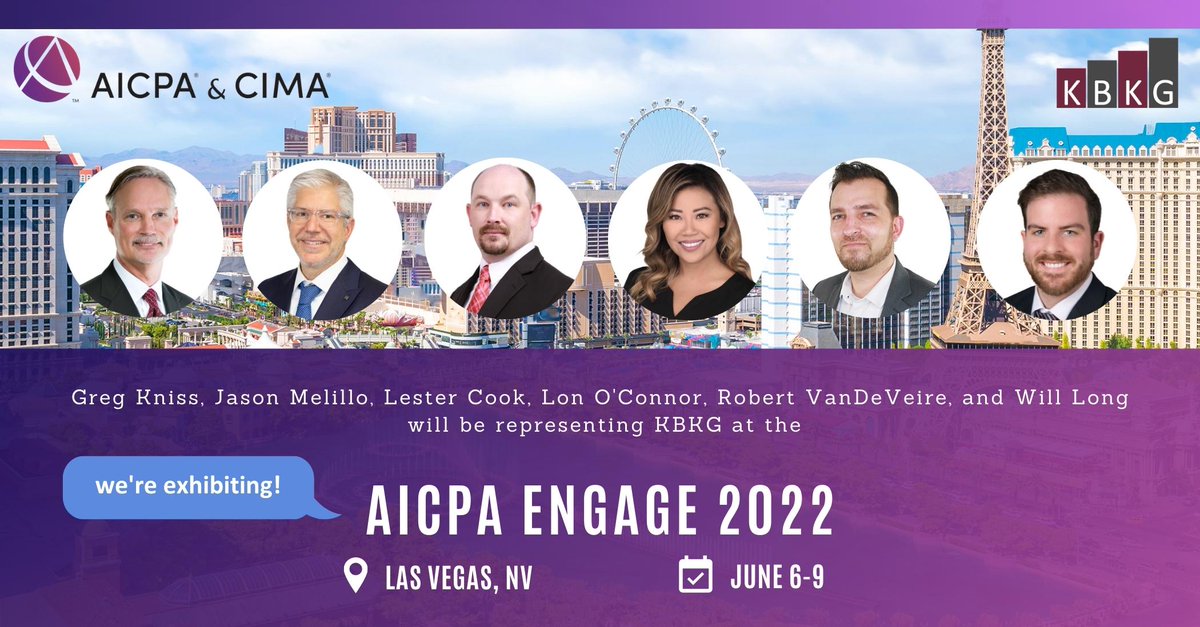 KBKG's tweet photo. KBKG is heading to Las Vegas next week! We are excited to announce that we are exhibiting at this year's AICPA Engage Conference that is taking place at the ARIA Resort &amp; Casino in Las Vegas from June 6th to June 9th. Stop by booth #307! https://t.co/MpWG8B32yN
