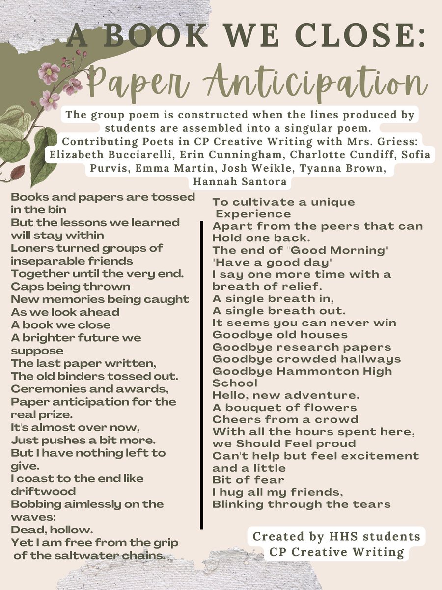 Hear the voices of our creative writing students blend together as they reflect on the end of the school year in this group poem titled "A Book We Close: Paper Anticipation."  <a href="/hhsadvocate/">The Devils' Advocate</a>