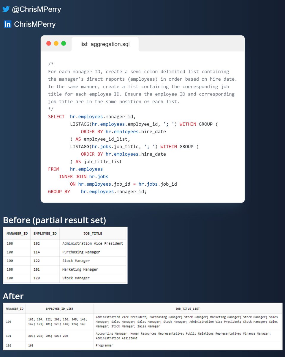ChrisMPerry's tweet photo. SQL Short Reads 16

One of my favorite #SQL functions is LISTAGG. This function makes it possible to concatenate values found across several rows within a single row, seamlessly.

Let’s look at an example.👇🧵

#SQLShortReads #Analytics #DataScience #DataAnalytics #datafam 

1/ https://t.co/4BkXTc8ngc