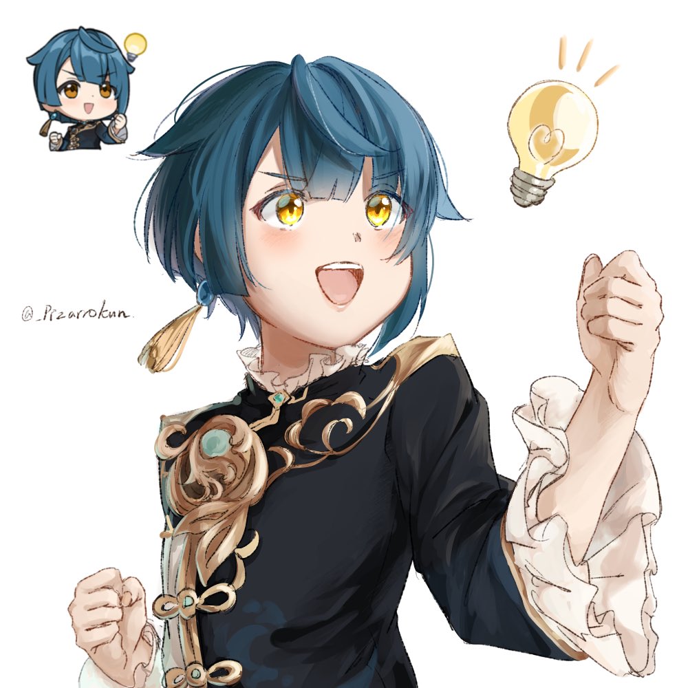 xingqiu (genshin impact) 1boy male focus blue hair open mouth yellow eyes frilled sleeves jewelry  illustration images