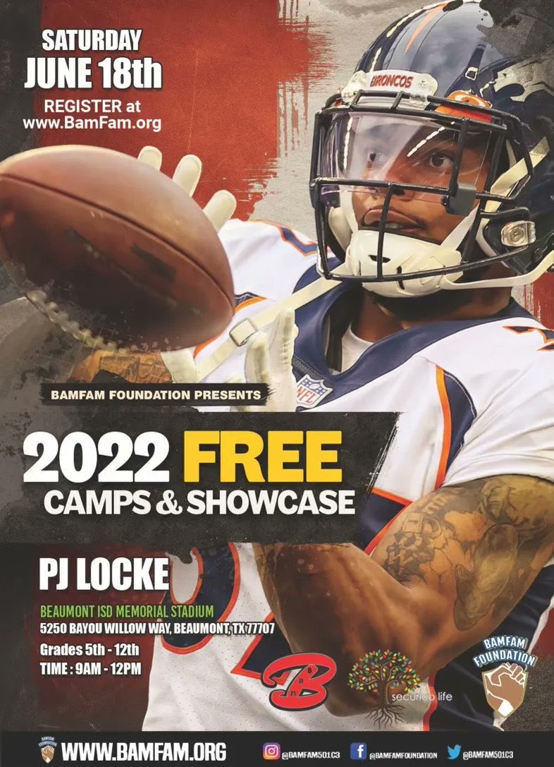 BmtUnitedFtbl's tweet photo. PJ Locke (@PjLocke4) invites 5th-12th grade student athletes to attend his 2022 camp and showcase at the Beaumont ISD Memorial Stadium. RSVP now at https://t.co/jGOBdsv0dU https://t.co/l1hehlKLQV