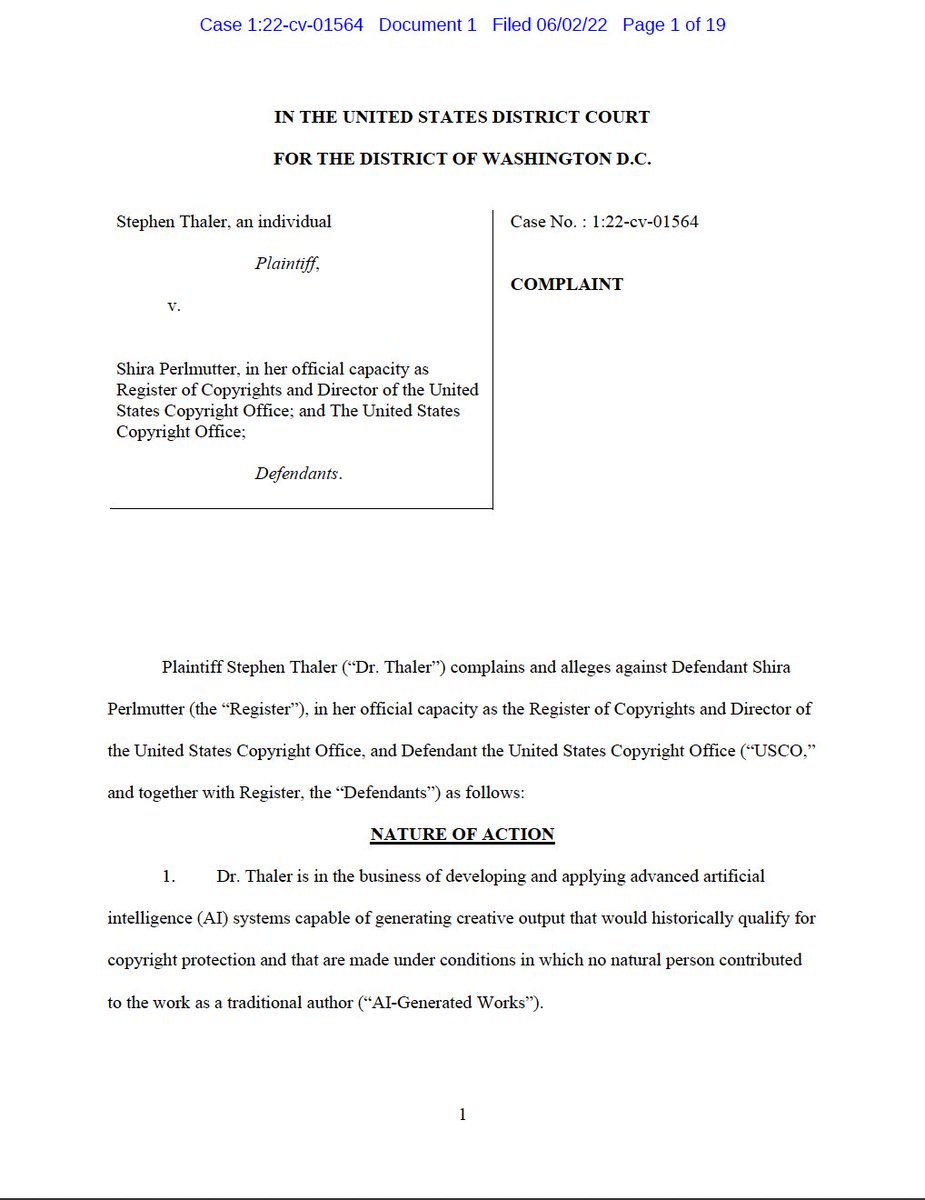 Hot off the press, our complaint just filed in United States District Court for the District of Washington DC for an order compelling the US Copyright Office to set aside their refusal to register an AI-Generated Work.