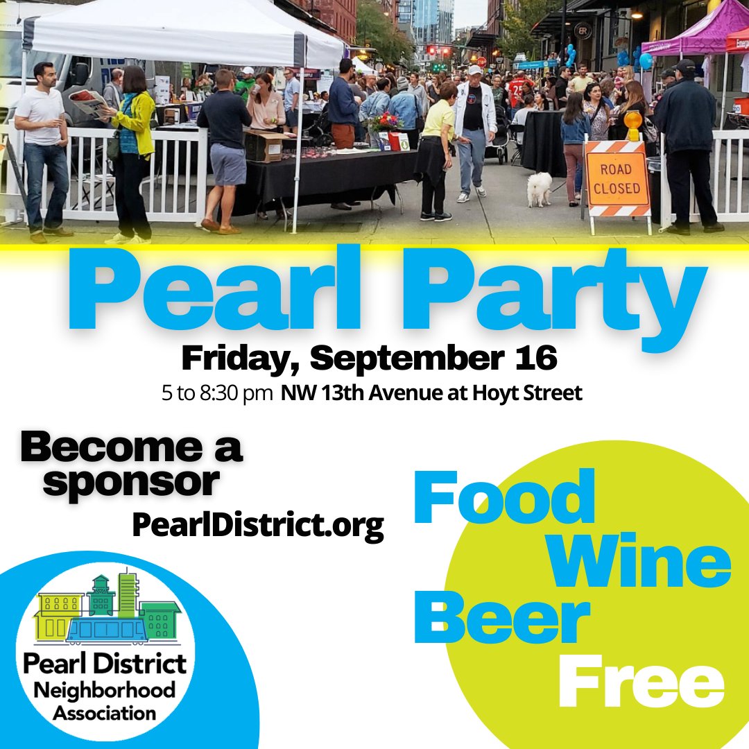 Mark your calendars: The Pearl Party is back!  Want to get your business name in front of thousands? Become our Presenting Sponsor or get one of our other sponsor packages. 

Visit pearldistrict.org/2022-pearl-par…

#pearlparty2022 #pearldistrict <a href="/comm_civic_life/">Archived-Civic Life</a> <a href="/PBOTinfo/">Portland Bureau of Transportation</a> #joinus