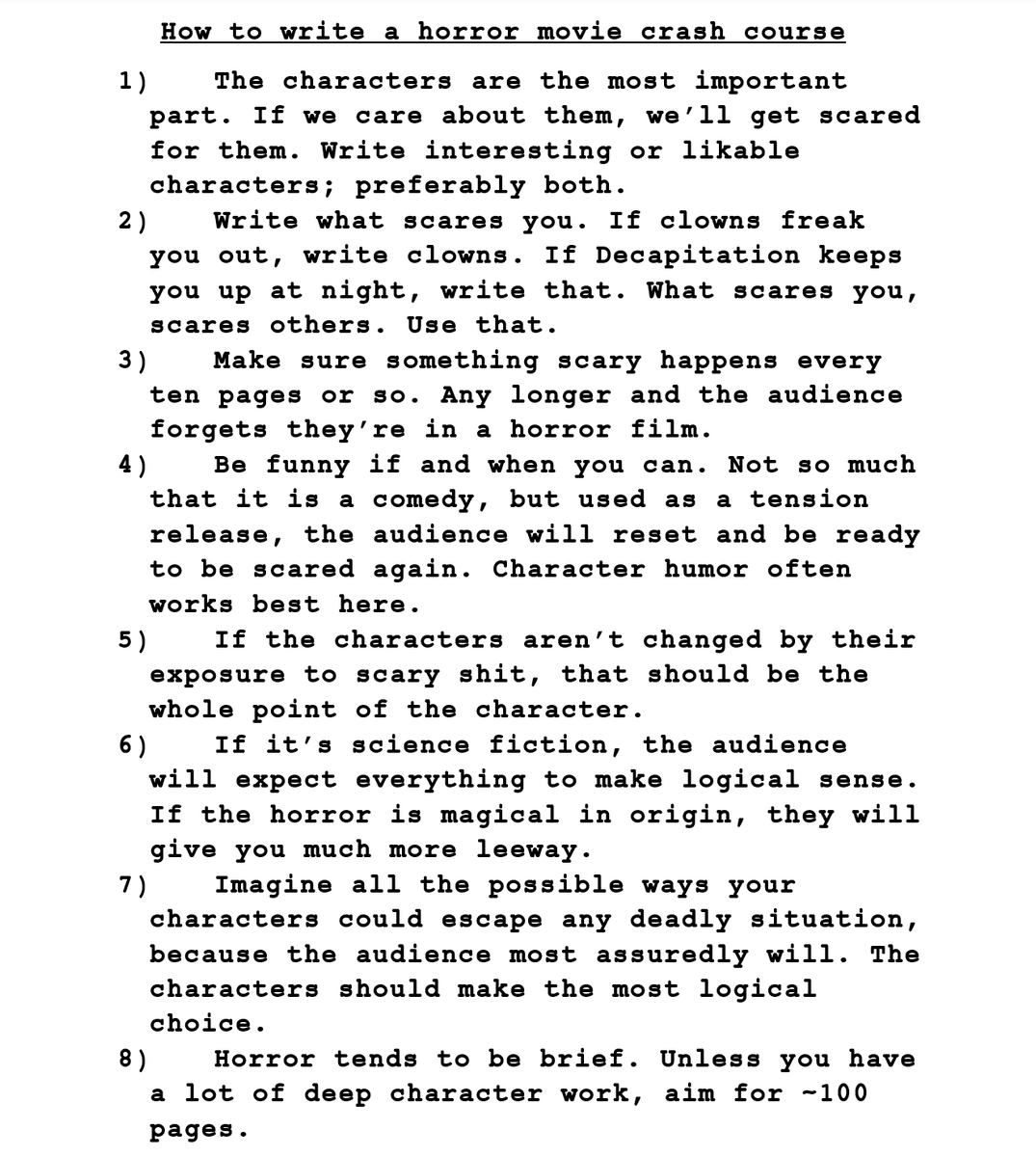 Massawyrm's tweet photo. Since we're talking basics of horror today, it is time once again for Cargill's HOW TO WRITE A HORROR MOVIE CRASH COURSE. Everyone needs to start somewhere; these are the points I start with. https://t.co/nH6WrBiT9V