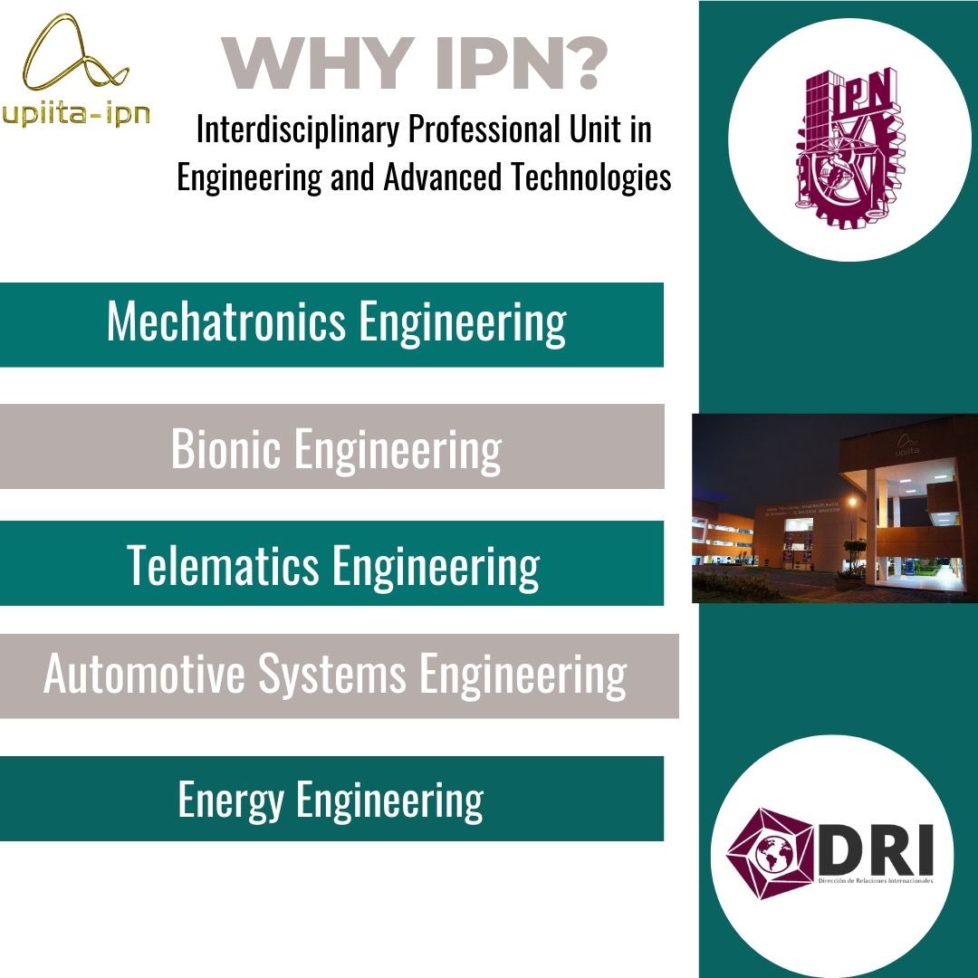 IPN_DRI's tweet photo. Did You know the different degrees offered by @Upiita_Ipn?👷♂️
#MechatronicsEngineering
#BionicEngineering
#TelematicsEngineering
#AutomotiveSystemsEngineering
#EnergyEngineering
#WHYIPN https://t.co/rrv5L9feeF