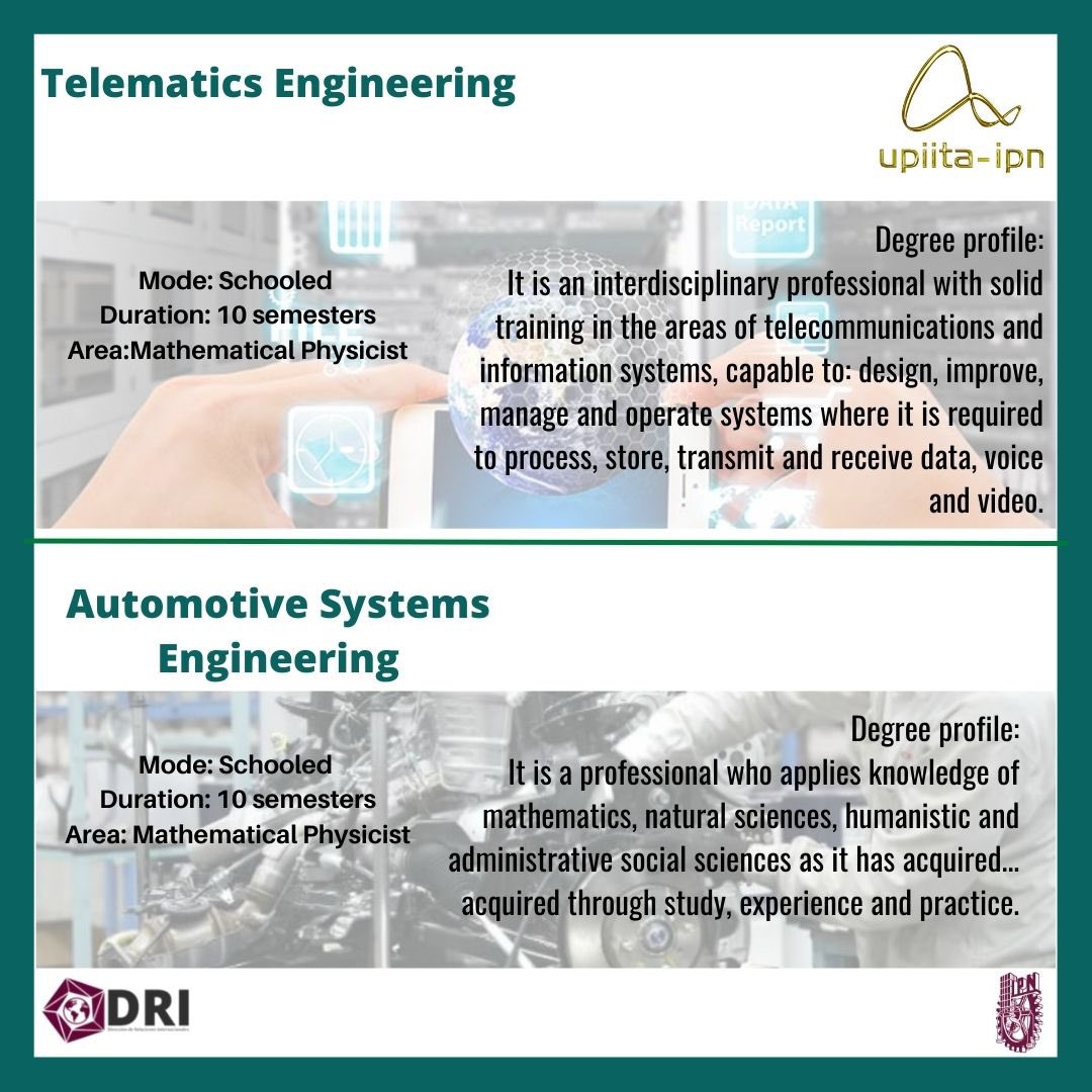 IPN_DRI's tweet photo. Did You know the different degrees offered by @Upiita_Ipn?👷♂️
#MechatronicsEngineering
#BionicEngineering
#TelematicsEngineering
#AutomotiveSystemsEngineering
#EnergyEngineering
#WHYIPN https://t.co/rrv5L9feeF