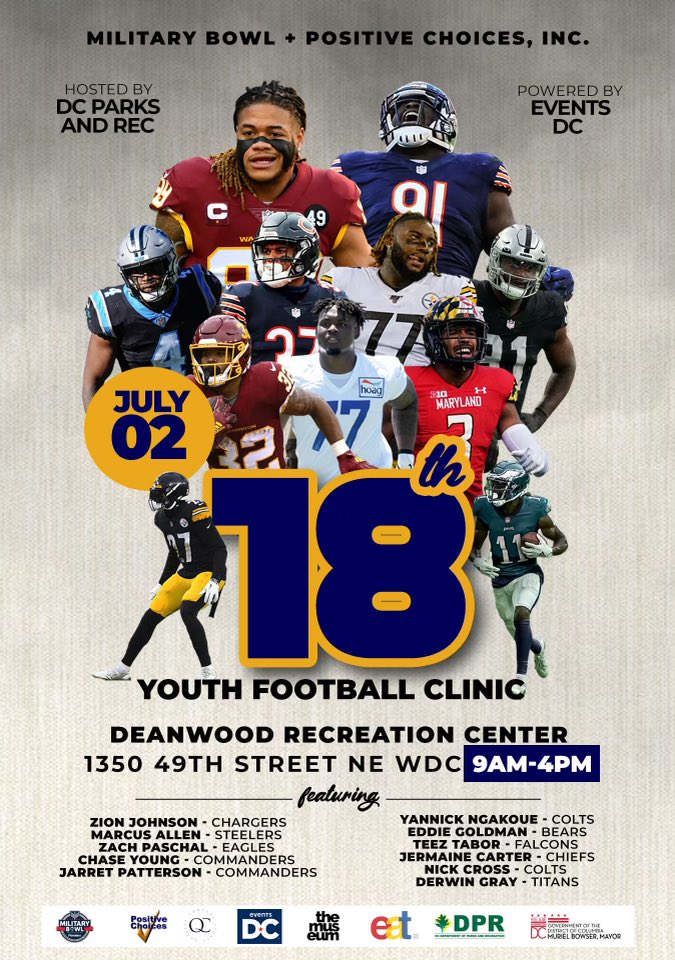 Excited to use our platform to promote positive change and mentorship for OUR DC youth - July 2nd - FREE Youth Football camp. 1st to 8th. Reg. Link is in my Bio. This is a great opp. for our DC youth (especially East of the River) to interact with NFL and Positive Male Mentors.