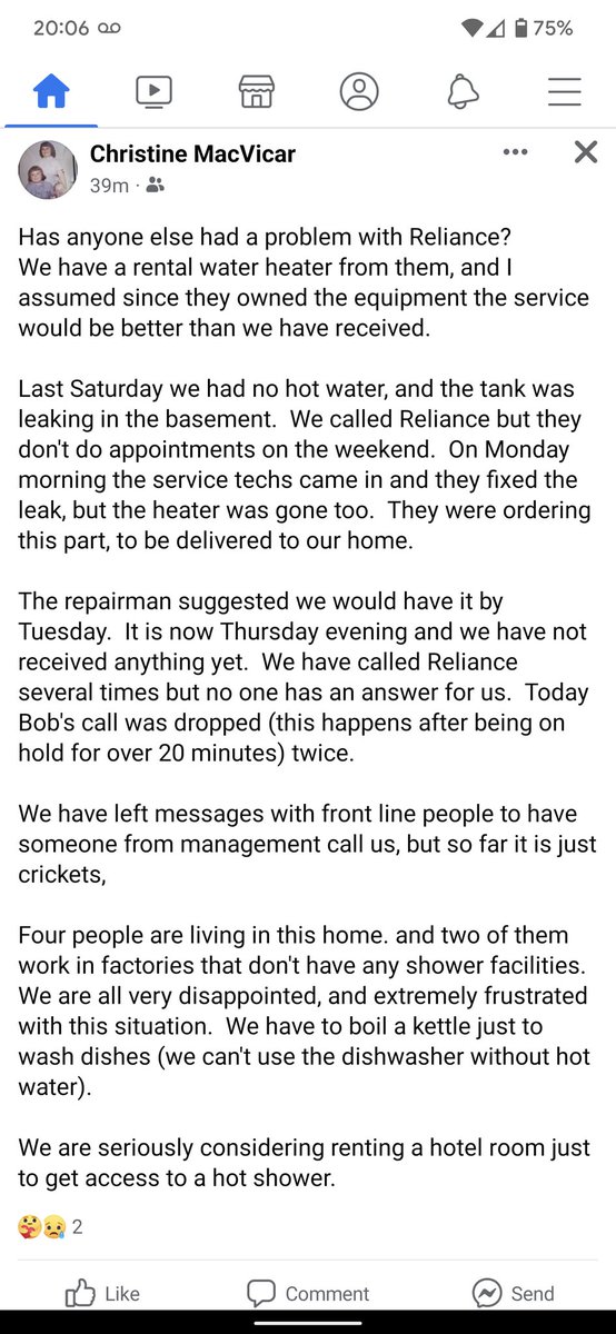 _sarmac86's tweet photo. Do better @RelianceCares ! My parents are seniors just trying to take a damn shower and feed themselves. This service is appalling for the cost! 
#reliancesucks #badcustomerservice #dobetter #reliancehomecomfort #windsorontario #windsoron https://t.co/DdAkxRlv2P