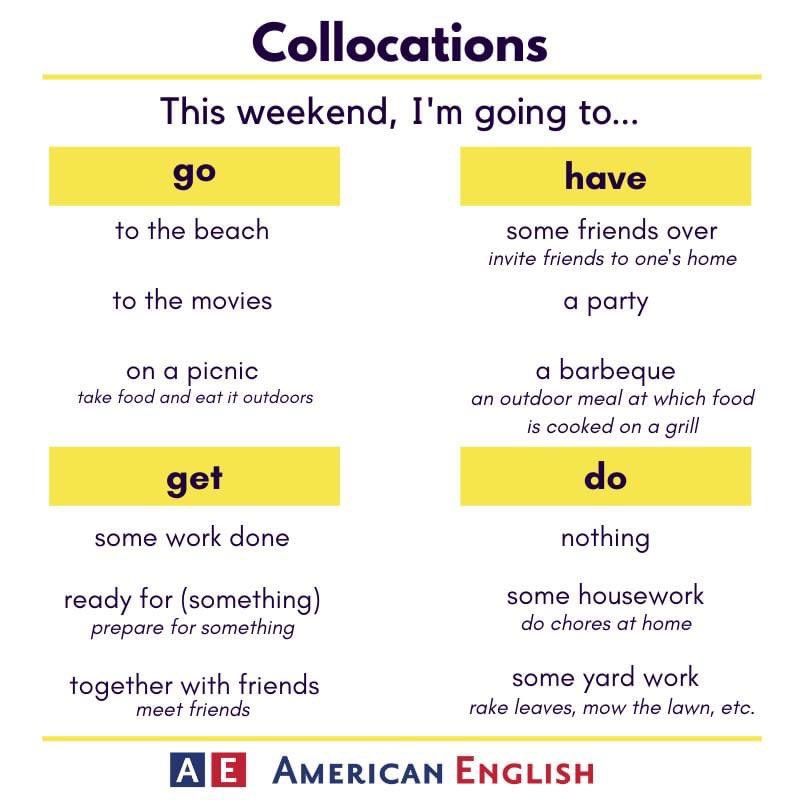 ajhogeofficial's tweet image. What&apos;re you doing this weekend? Tell us below by using some of these collocations for weekend activities! #LanguagePoint #Collocations ajhogeclub.com