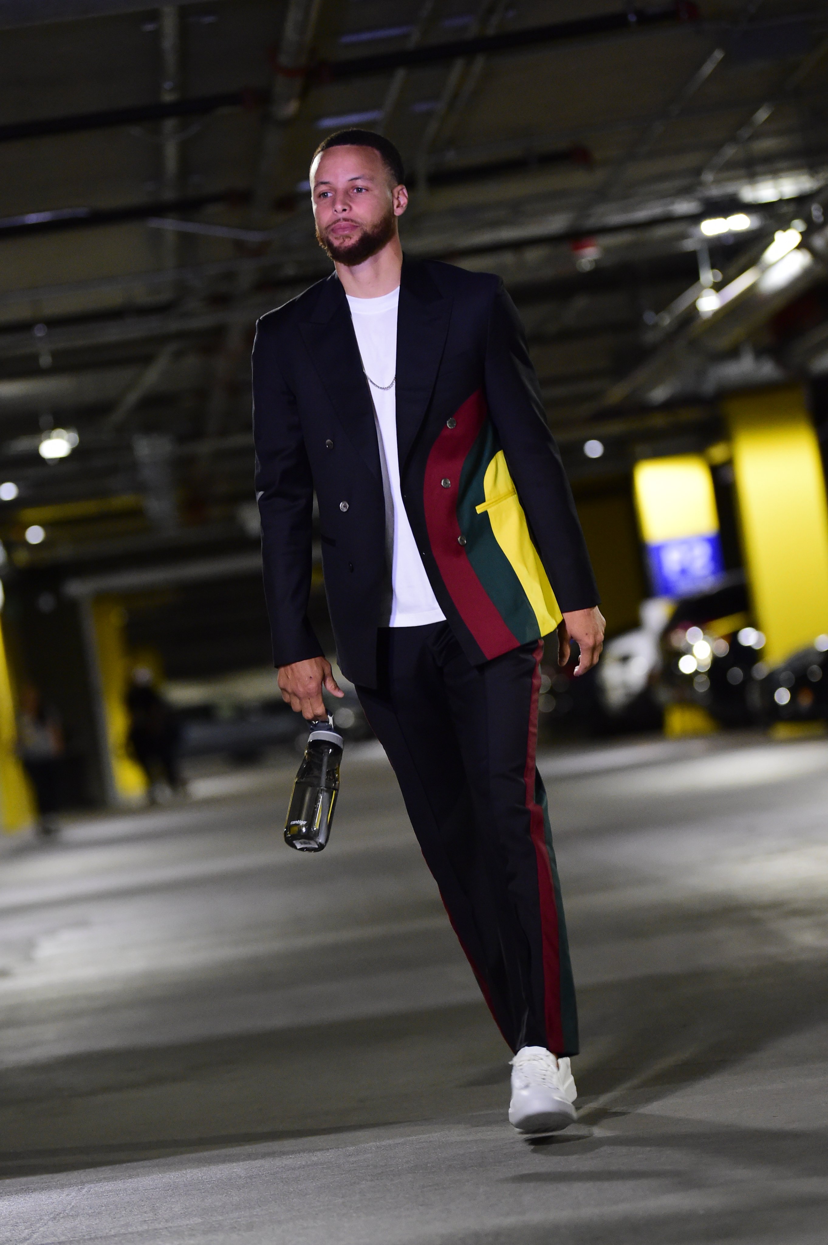 Steph Curry's Suits Up in 'Fresh' Color-Blocked Outfit for NBA