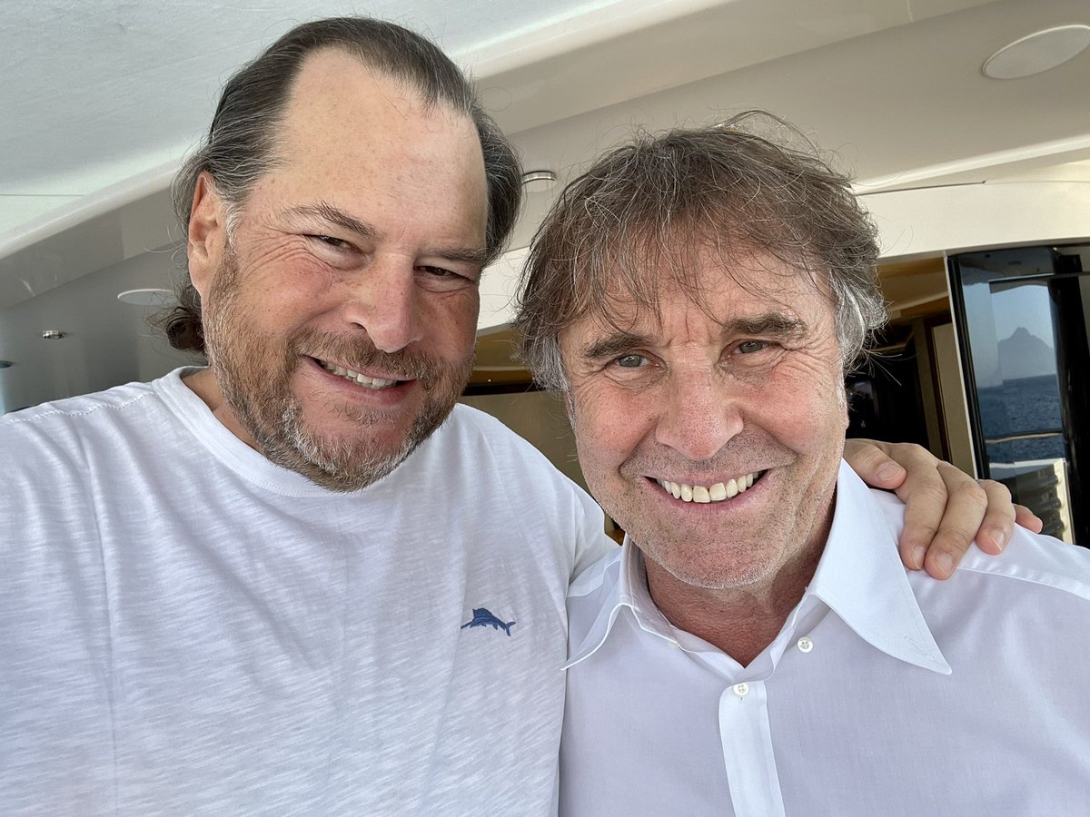 Benioff's tweet photo. Finally reunited with my good friend Brunello @Cucinelli!  We have been physically apart for too long through the pandemic but reunited with our common beliefs of a new humanistic capitalism —equality, sustainability, &amp; trust. &amp; I love how his company runs on Salesforce! ❤️🇮🇪🌲🌎 https://t.co/o7sZ60IWeT