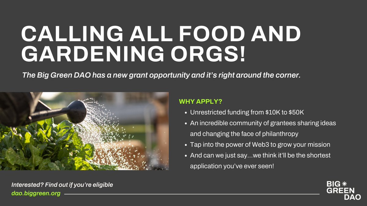 📣 GRANT OPPORTUNITY: The #BigGreenDAO is accepting grant applications! If your nonprofit is working in food justice, gardening, or food security (really, if you’re doing game-changing work that has anything to do with food, we want to hear about it!)
dao.biggreen.org