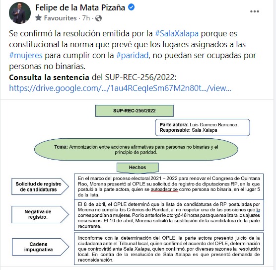 Sala Superior <a href="/TEPJF_informa/">Tribunal Electoral del PJF</a> confirma la resolución emitida por la #SalaXalapa es constitucional la norma que prevé que los lugares asignados a las #mujeres para cumplir con la #paridad, no puedan ser ocupadas por personas no binarias. 
SUP-REC-256/2022 👇♀️💜 #paridadentodo