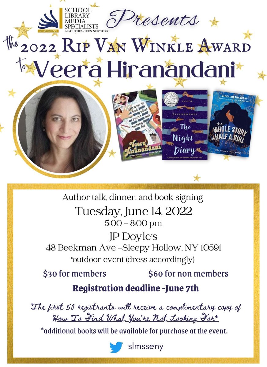 BHSBearsLibrary's tweet photo. Celebrate!! SLMSSENY honors Veera Hiranandani with the Rip Van Winkle Award!! Meet the author and celebrate her work on 6/14 in Tarrytown! Join the fun! @VeeraHira @JPDoylesPub @slmsseny https://t.co/6zgtclzzMx