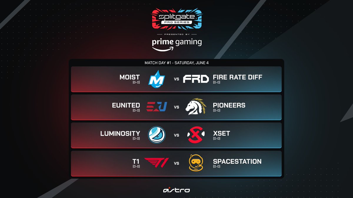 The #SplitgateProSeries Summer Season starts this weekend with back-to-back days of @Splitgate action! Day 1 | June 4th @ 4PM ET/1PM PT 💠 @MoistEsports vs Fire Rate Diff 💠 @eUnited vs @PioneersGG 💠 @Luminosity vs @XSET 💠 @T1 vs @Spacestation 🔗 Twitch.tv/Splitgate