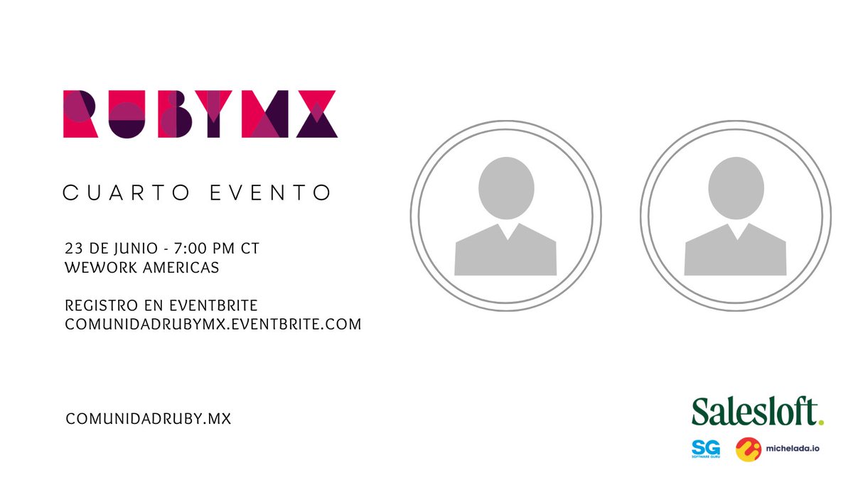 Regresamos a Guadalajara y ya estamos preparando nuestro cuarto evento en colaboración con Salesloft, la empresa anfitriona del mes

23 de junio a las 7 pm en WeWork Américas

¿Te interesa dar una charla? ¡Aún tenemos un espacio! 

Boletos en comunidadrubymx.eventbrite.com