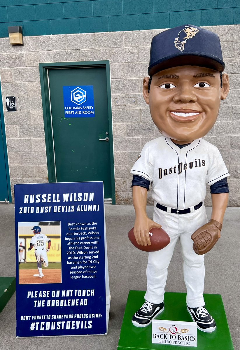 Attending my first Tri-City Dust Devils game tonight, and gotta admit I did not expect to be greeted by larger-than-life Russell Wilson bobblehead.