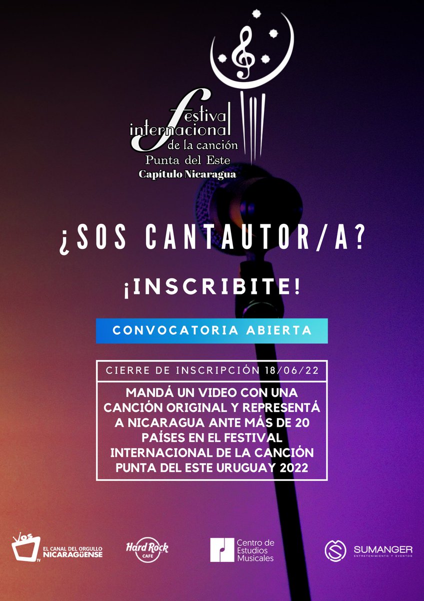 ¡ATENCIÓN! ✋🏼🛑 
Autores, Compositores e Intérpretes.

En el Festival Internacional de la Canción Punta del Este Capítulo Nicaragua escogeremos quién nos represente por medio de una gala en vivo a realizarse el 22 de Julio en Hard Rock Café Managua.

¡Anímate! Más info DM