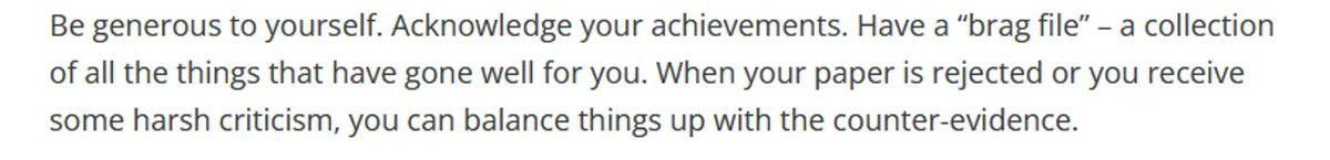 ithinkwellHugh's tweet photo. #TooCritical Be generous to yourself. Acknowledge your achievements. Have a “brag file” – a collection of all the things that have gone well for you. Article in @TimesHigherEd. https://t.co/YAMaL0l2jJ #PhDforum #acwri @DeneTimes https://t.co/2m5x8YPPvd