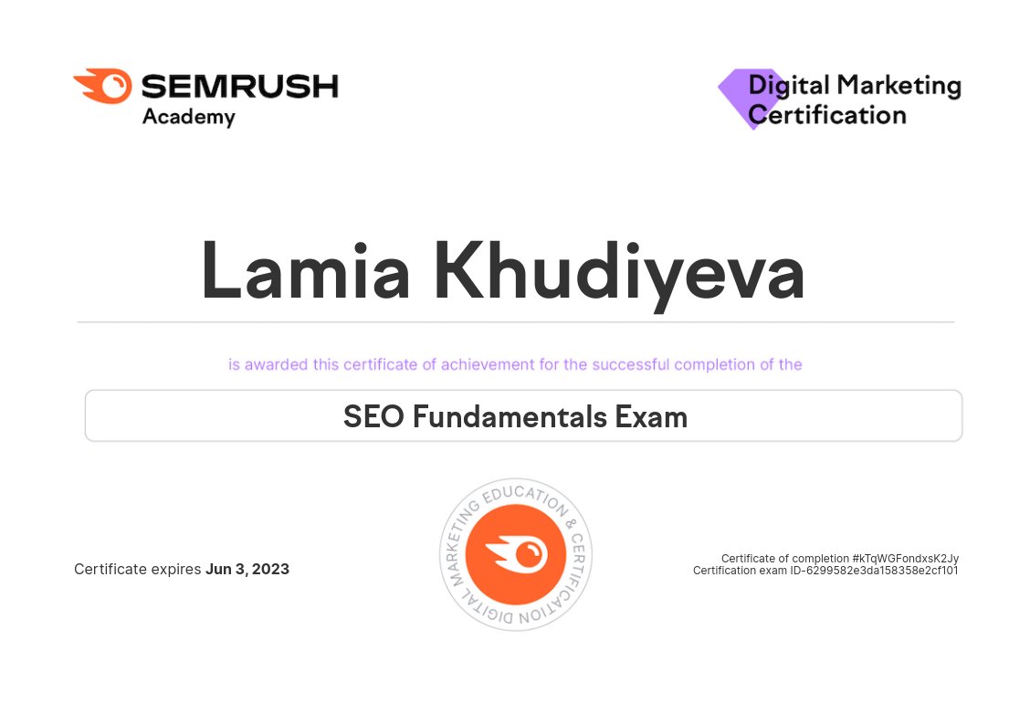 khudiyevalamia's tweet photo. "SEO Fundamentals" course by #Semrush📌
I've already learned the fundamentals and during the course I have practiced on our site as possible as. Of course, I'm going on swimming in #SEO ocean.🌊🏊‍♀️

Course link:
⚡https://t.co/yIp06mckc0

#digilady #semrushacademy https://t.co/Cz21qUELVk