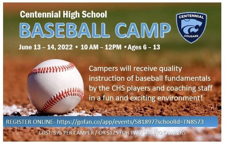 🚨📢Centennial HS Baseball Summer Camp🚨📢
🗓️June 13-14, 2022🗓️ 
⏰10am-12pm⏰ 
⚾️Ages 6-13⚾️
🔗Sign-Up gofan.co/app/events/581…🔗  
‼️Walk-ups the day of the camp also welcome‼️