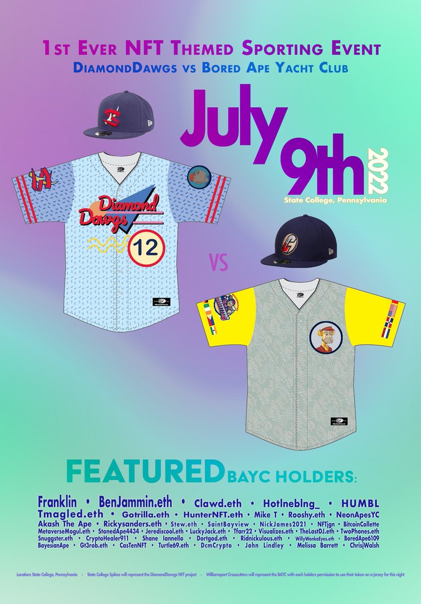 DiamondDawgsNFT's tweet photo. The first NFT-themed promo night in baseball history is happening on July 9th at @SCSpikes!
Holders of @BoredApeYC and @DiamondDawgsNFT will be featured on custom jerseys designed by @e_mendoza18. #DDvsBAYC
NFTs meet IRL baseball, don't miss this!
ποΈποΈ -https://t.co/hXOXyd4Rno https://t.co/zcFIy7LePG