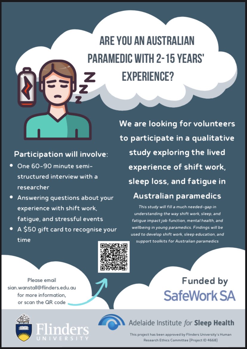 We have expanded our search to any Aussie paramedics with 2-15 years experience! (previously 2-10)

We need your valuable insight to make a change for the health of paramedics in Australia. Click the link to get involved: researchsurvey.flinders.edu.au/surveys/?s=PAK…
🚑 😴 🛌