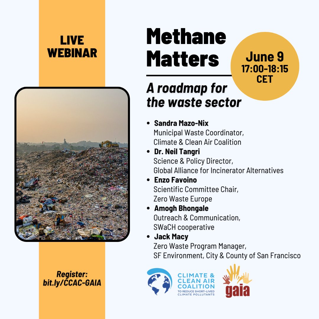 Methane is a very potent gas, responsible for about half of the warming we experience today and tackling it is both URGENT & POSSIBLE.

Learn how to #CutMethane by up to 95% in the waste sector by 2030 from cities around the 🌏.

Register now 👉 bit.ly/CCAC-GAIA