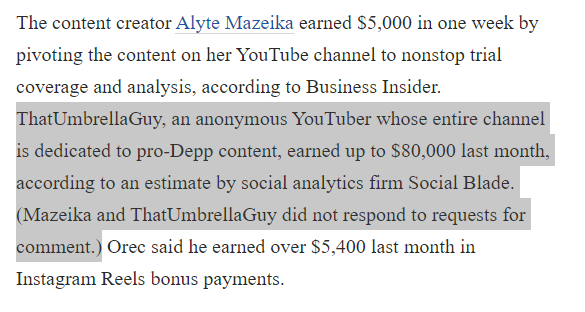 ThatUmbrella's tweet photo. Looks like ThatUmbrellaGuy made The Washington Post, because "dedicated pro-Depp content."

Nice how they speculate at what I made 1 month, btw, but omit YEARS of coverage. 

I'd like to see proof that Washington Post reached out to me, bc I got no email or Twitter DMs. https://t.co/RhO2lMGPan