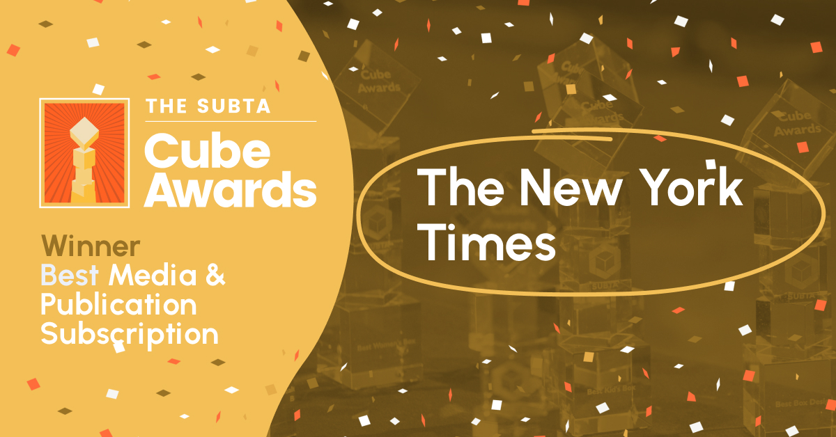 SUBTAstudios's tweet photo. 🏆 MEET YOUR 2022 SUBTA CUBE AWARDS WINNERS! 🏆

Congratulations to @nytimes, @gpigbox, @TrulyFreeHome, @VinylMePlease!

See the full list of winners below!👇 

https://t.co/49F8L6JfC8

#cubeawards #liveevent #subscriptions #subscriptionindustry #award https://t.co/FROYaCCFEk