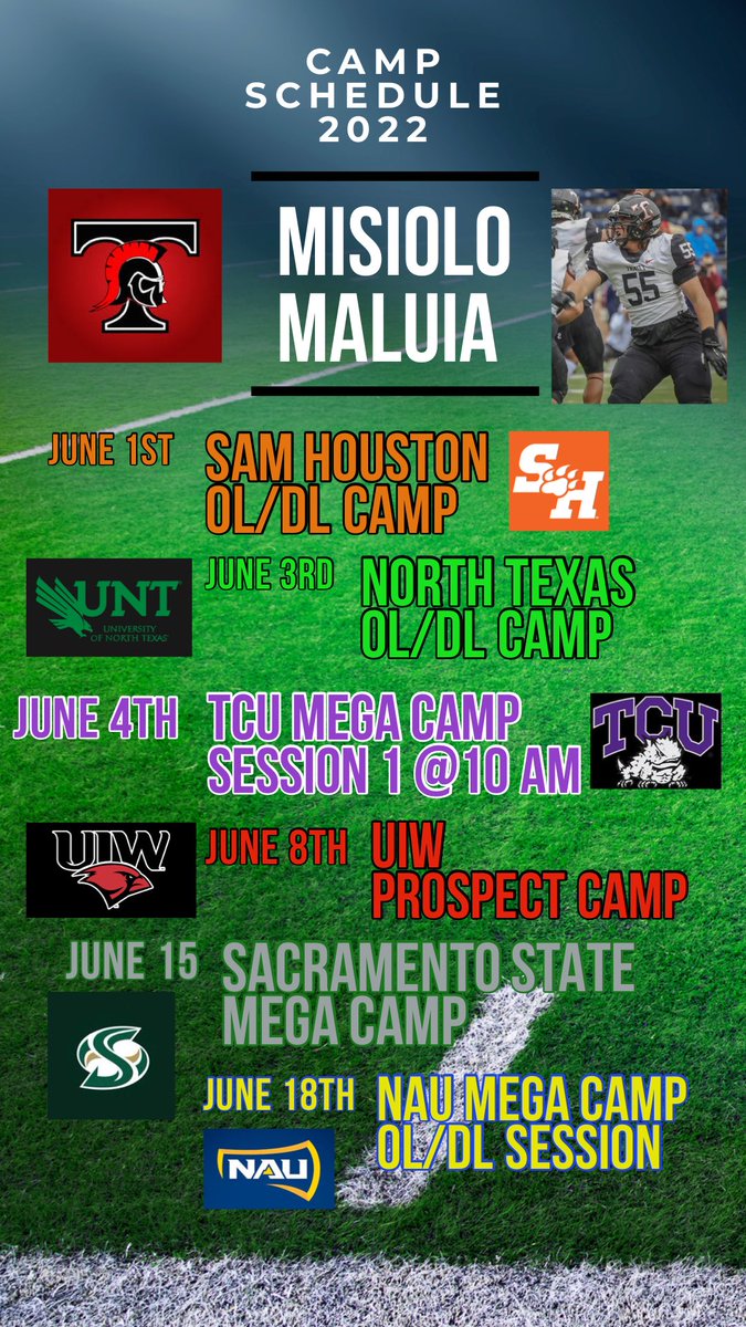 MisioloM's tweet photo. 2022 Summer Camps Schedule

Sam Houston✅ @CBassett_SHSU 
Let’s keep working💪🏽
@UNT_Recruiting @UIWCoachShoe @Coach_Connelly @CoachTuitele @coachskene3 @CoachPCovington @JacksonEskierka https://t.co/QzoDJuohov