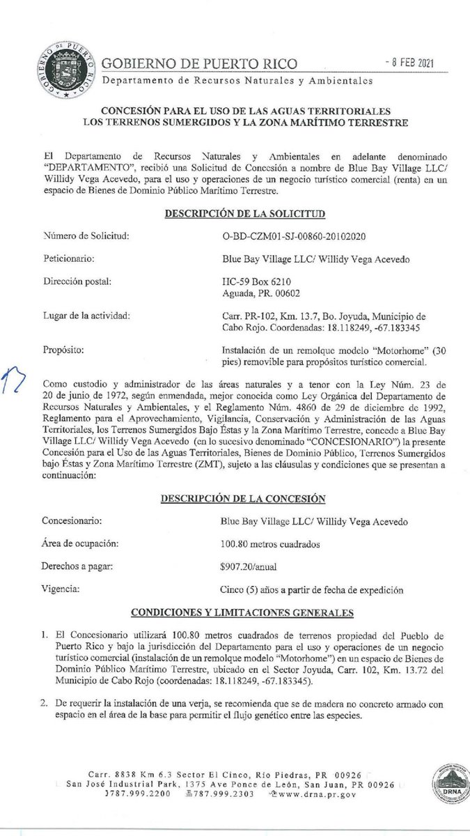 ElUrbanistaPR's tweet photo. Esta es la #concesión que firmó Machargo autorizando a la ocupación de #dominiopúblico por el ex #SecretarioAuxiliar de #Permisos @DRNAPR Moisés Sánchez Loperena en #Joyuda #CaboRojo a razón de $900/año. #PiensaElTerritorio ✍🏻 #ElUrbanista https://t.co/ByKrbxPWS6