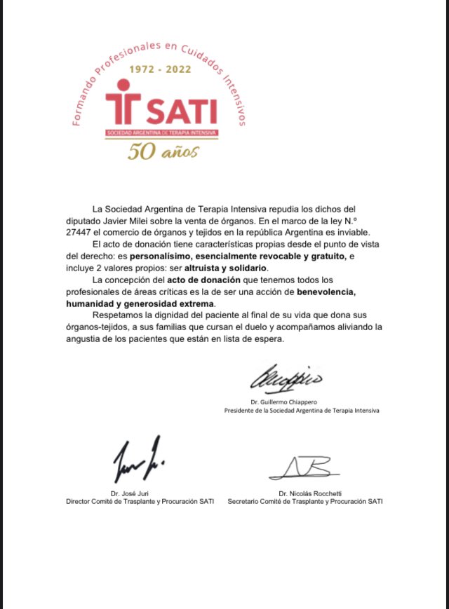 SATIarg's tweet photo. La Sociedad Argentina de Terapia Intensiva repudia los dichos del diputado Javier Milei sobre la venta de órganos. En el marco de la ley N.o 27447 el comercio de órganos y tejidos en la república Argentina es inviable.
Sigue hilo https://t.co/teu4gnZ4EO