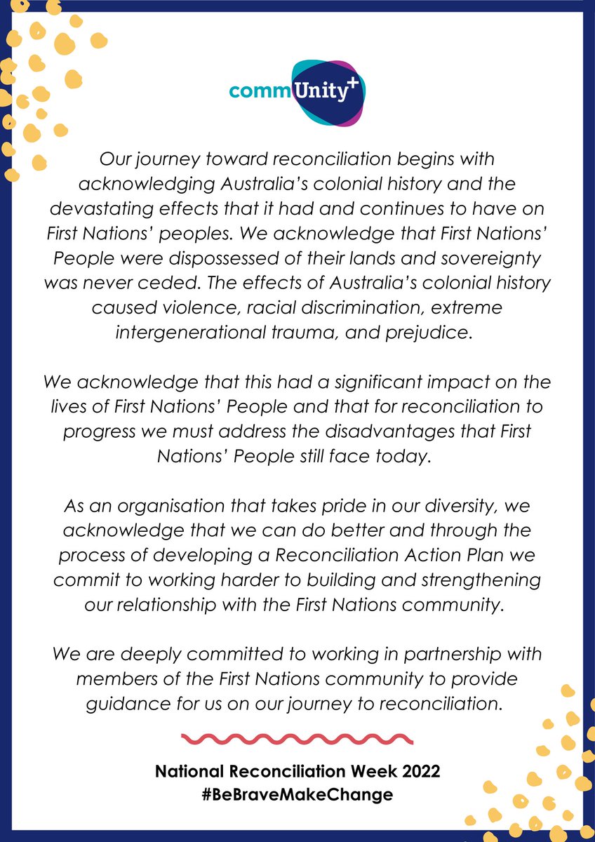 Comm_Unity_Plus's tweet image. As we approach the final day of Reconciliation Week, the Board and Staff of commUnity+ have signed their names to the following statement as our first step in developing our Reconciliation Action Plan (RAP). 

#ReconciliationWeek #BeBraveMakeChange #NRW2022