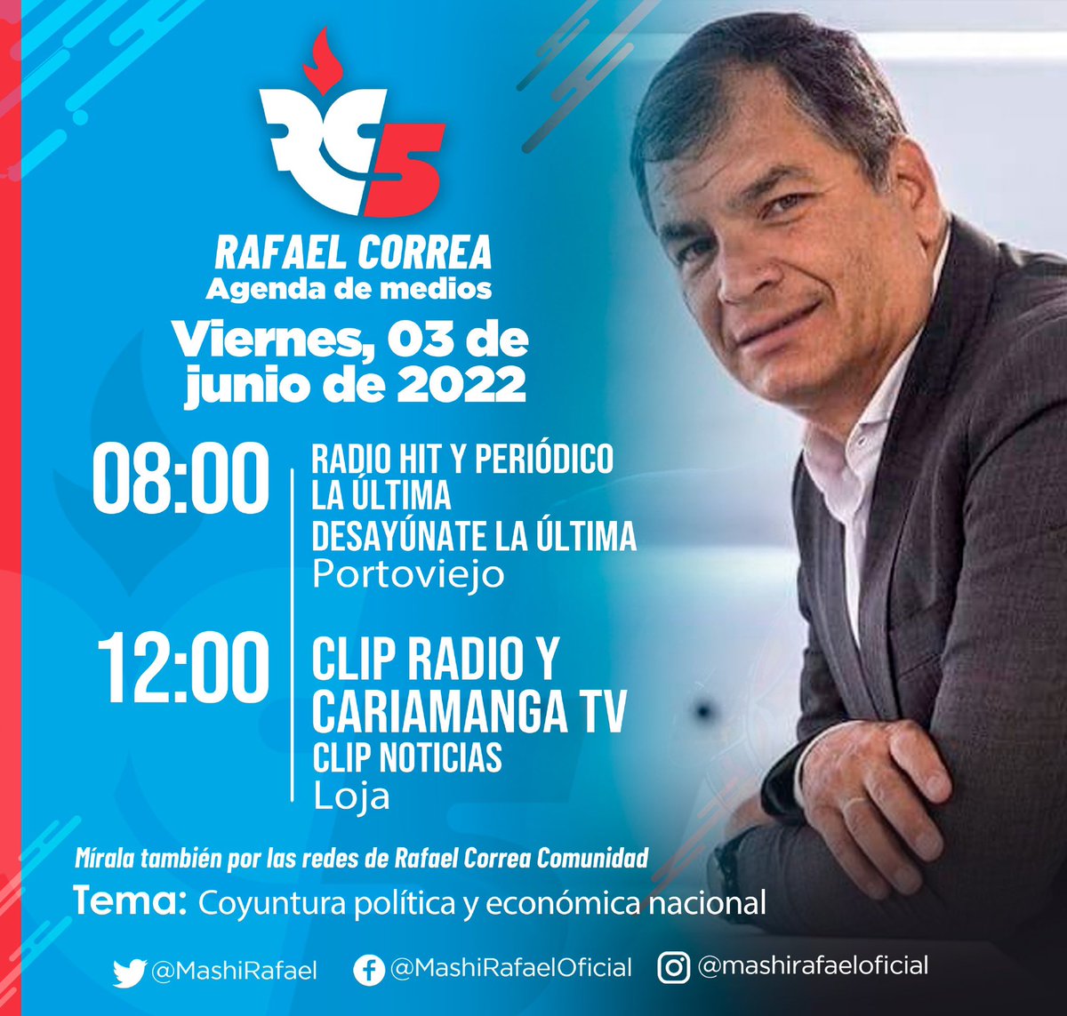 RC5Oficial's tweet photo. #ElMashiEnMedios🎙| Mañana, todas y todos acompañemos a @MashiRafael en el recorrido de medios por #Manabí y #Loja en el que se referirá a la coyuntura nacional.

Pon atención y pasa la voz 🗣

⏰ 08:00, @Radiohit_Manabi y @LaUltima_Ec 

⏰ 12:00, @ClipRadio_Loja y @CariamangaTv https://t.co/iIFTXm8yty
