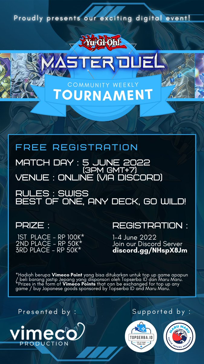 REGISTRATION for VIMECO Community Weekly Tournament
How to register :
1. Fill this Google Form and follow every steps : forms.gle/t9BAqQFPFkX6NX…
2. Join our Discord Server : discord.gg/NHspX8Jm

LET'S DUEL!
#YuGiOhMasterDuel #onlinetournament #VIMECO #MasterDuel #Vtubers