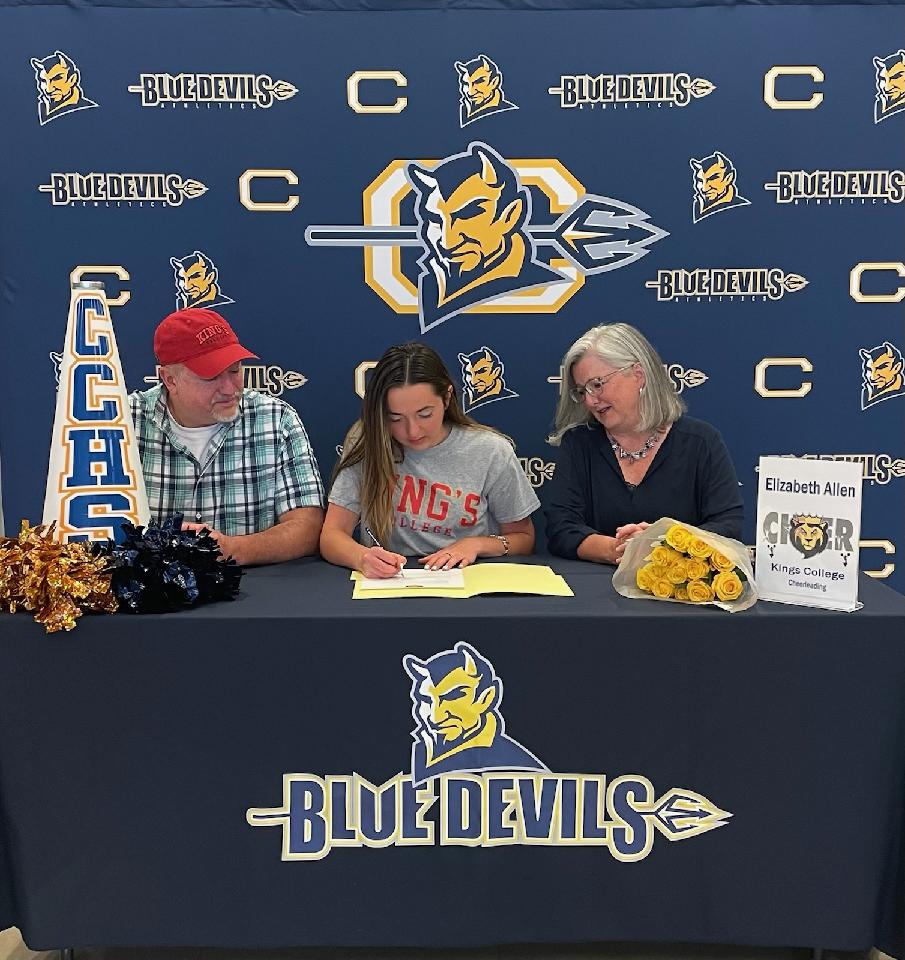 CCPSCCHS's tweet photo. Congrats to Cheerleader Elizabeth Allen who committed and signed with Kings College today for Cheer. #ForksUp #BDP #CCBlue https://t.co/YJ0AFr0Zu8