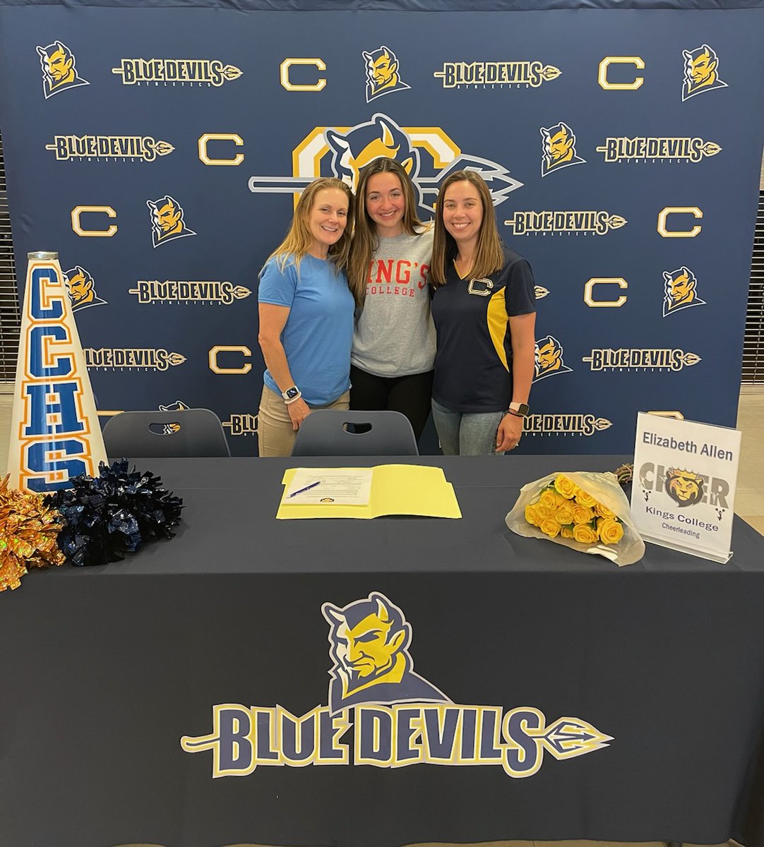 CCPSCCHS's tweet photo. Congrats to Cheerleader Elizabeth Allen who committed and signed with Kings College today for Cheer. #ForksUp #BDP #CCBlue https://t.co/YJ0AFr0Zu8