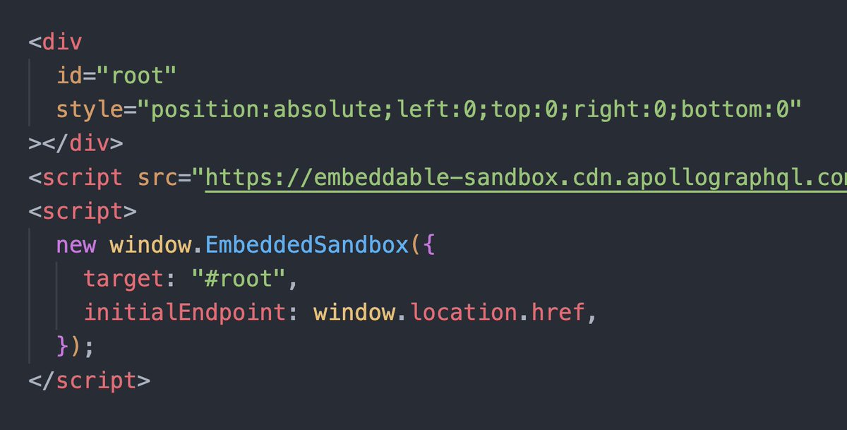 We've made the JS bundle for Apollo Sandbox (incl. Explorer) available via CDN. You can now embed Sandbox on any GraphQL server with a few lines of HTML, a la GraphiQL and GraphQL Playground.

Y'all gotta try it. It's so easy and feels sooo good. 🔥

📄 apollographql.com/docs/studio/ex…