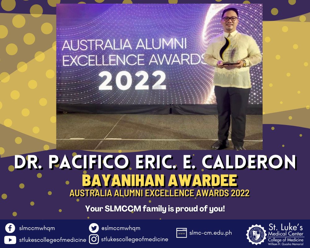 St. Luke's Medical Center College of Medicine (@slmccmwhqm) on Twitter photo Dr. <a href="/cocoycalderonmd/">Pacifico Eusebio Calderon MD</a> is one of the Bayanihan Awardees at the Australia Alumni Excellence Awards 2022 held last June 2, 2022.
Congratulations Dr. Cocoy! Your SLMCCM family is proud of you!
To read the full article, click on this link: slmc-cm.edu.ph/news-and-event… Dr. <a href="/cocoycalderonmd/">Pacifico Eusebio Calderon MD</a> is one of the Bayanihan Awardees at the Australia Alumni Excellence Awards 2022 held last June 2, 2022.
Congratulations Dr. Cocoy! Your SLMCCM family is proud of you!
To read the full article, click on this link: slmc-cm.edu.ph/news-and-event…