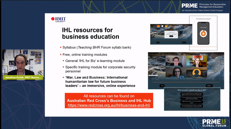 PRMESecretariat's tweet image. Business schools can be more responsible in conflict areas and there is a need to respect International Humanitarian Law (#IHL). lt starts with educating present and future leaders with IHL.
- @KoliebJ, Peace and Conflict Theme Lead, @RMIT&apos;s Business and Human Rights Centre
