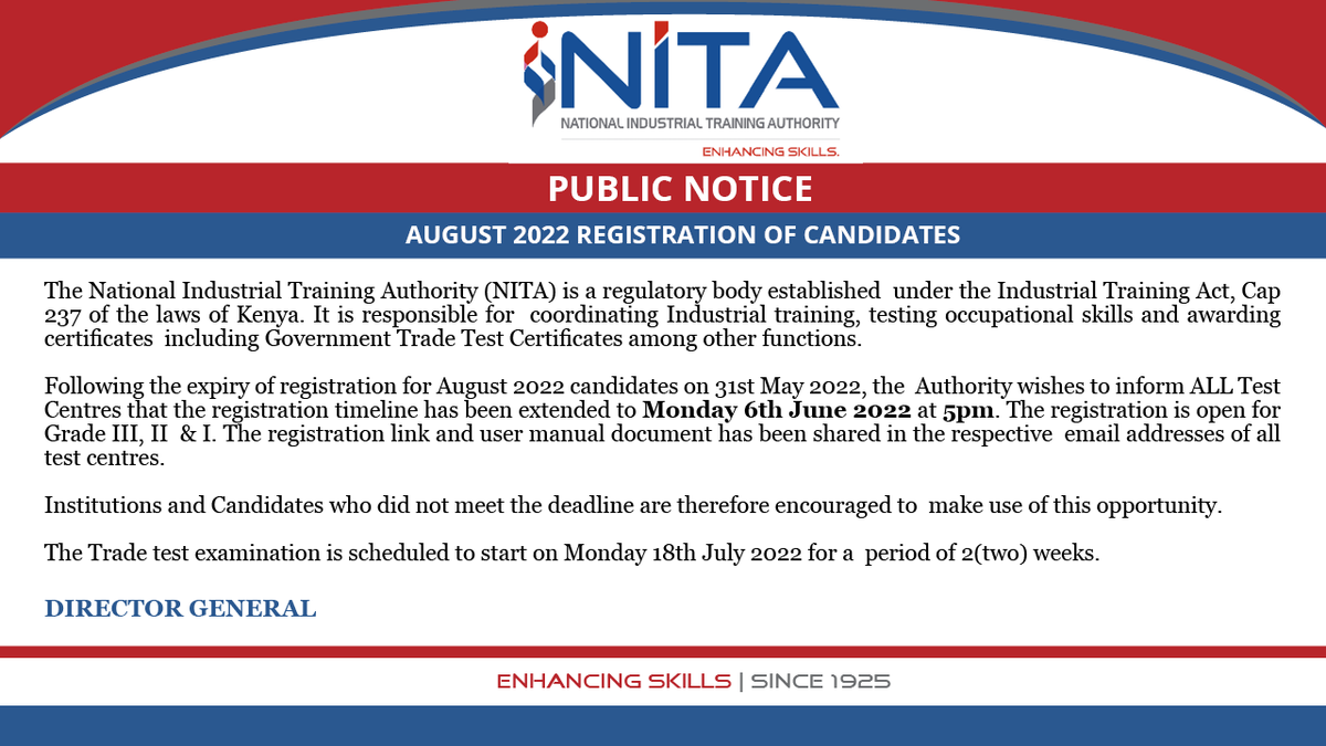 #ImportantPublicNotice #RegistrationforTradeTest #DeadlineExtension #AssessmentandCertification #QualityIndustrialTraining #EnhancingSkillsSince1925 #Big4Agenda #Vision2030 #4thIndustrialRevolution #TheFutureofWork #DecentWork #SDGs @nita_kenya