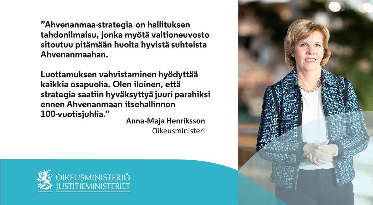 Ensimmäisen Ahvenanmaa-strategian tavoitteena on edistää Ahvenanmaa-asioiden sujuvaa, rakentavaa ja tehokasta hoitamista valtioneuvostossa Ahvenanmaan itsehallintolain mukaisesti.

🔗oikeusministerio.fi/-/ahvenanmaa-s…

#Ahvenanmaa | #Åland100