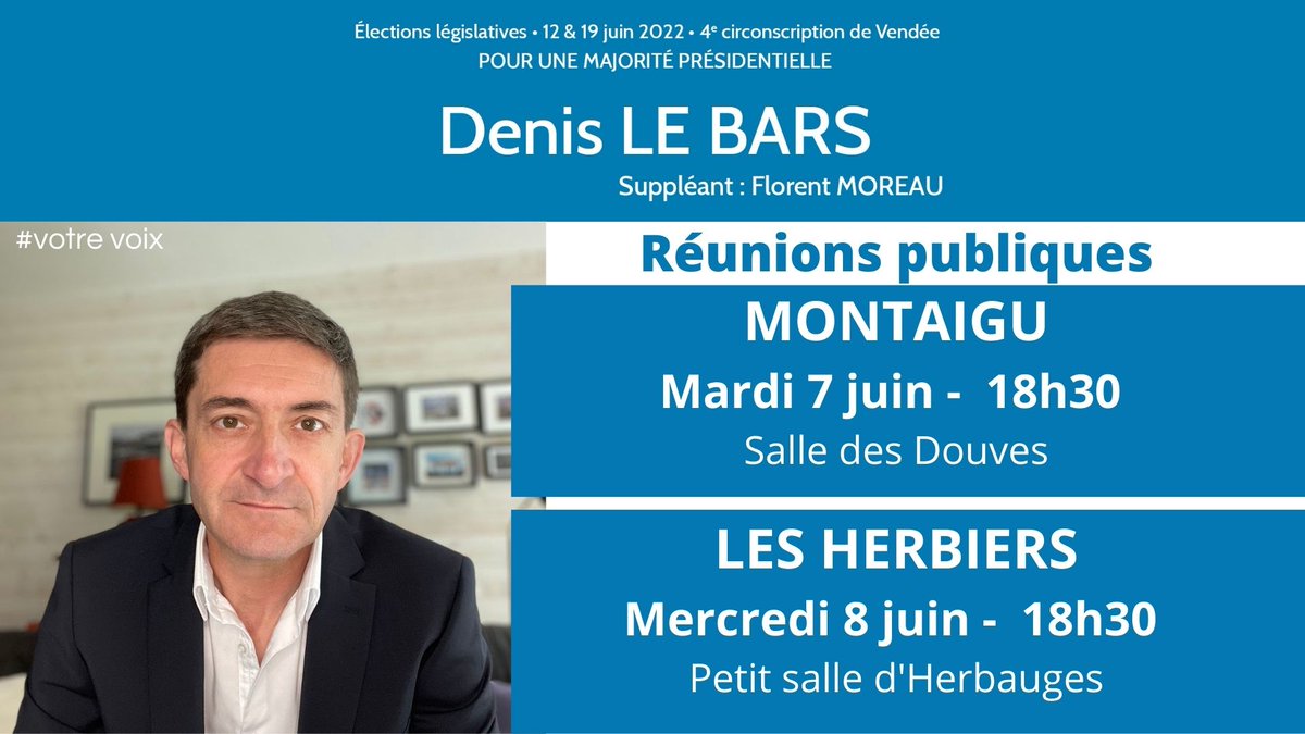 denislebars2022's tweet photo. Le tour de la 4ème circonscription de la #Vendee s'achèvera par deux "étapes de montagne". Florent Moreau et moi-même avons hâte d'échanger avec les Montacutains et les Herbretais. #legislatives2022 https://t.co/vF4EIXPEjH