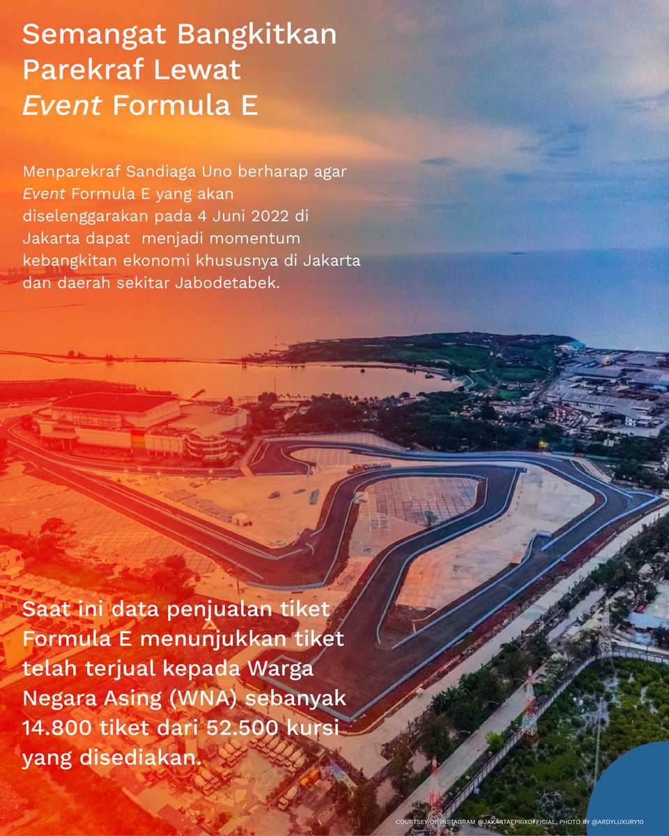 Ada banyak kabar baik terkait sektor parekraf tanah air, Sob! 🔥

Event Formula E yang akan diselenggarakan pada 4 Juni 2022 telah terjual 14.800 tiket kepada Warga Negara Asing (WNA) dari 52.500 kursi yang tersedia.👏🏻

#WonderfulIndonesia
#BangkitBersamaKemenparekraf