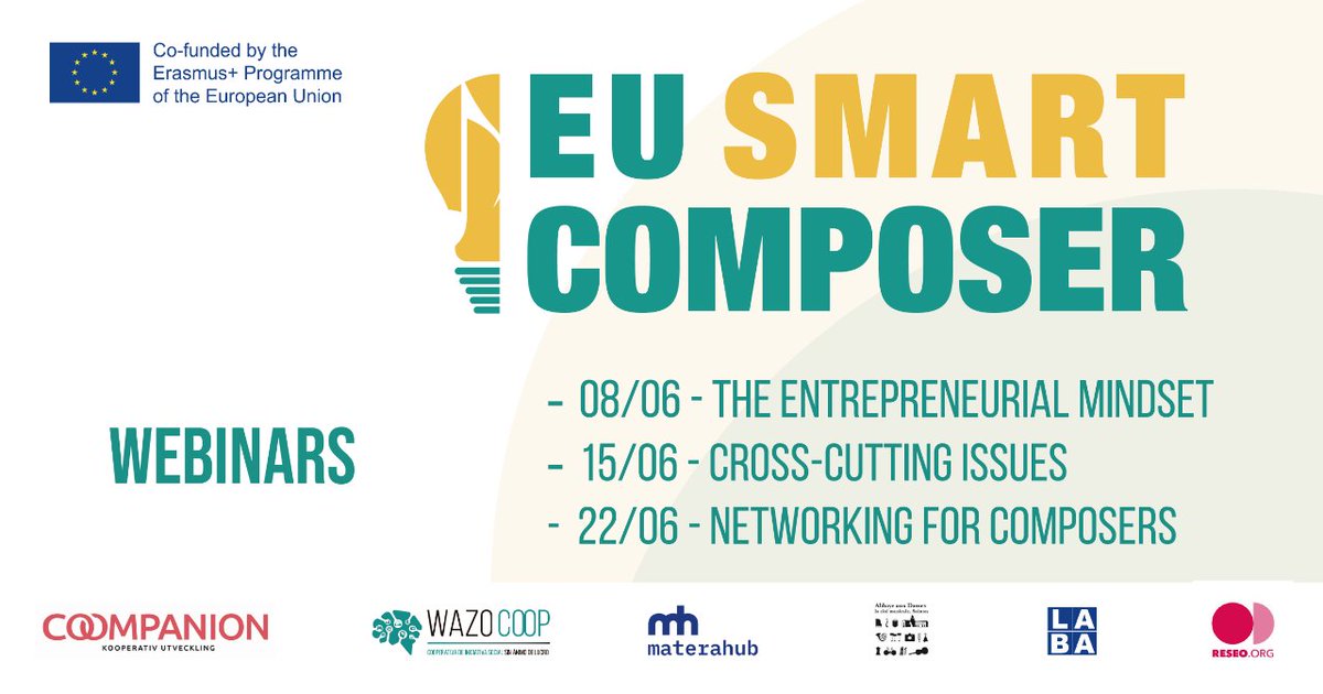 martalmcomposer's tweet photo. 🇪🇺 @eusmartcomposer  
🖥️ 3 very nice webinars:
🔸 08/06 - The Entrepreneurial Mindset
🔸 15/06 - Cross-cutting issues
🔸 22/06 - Networking for Composers
👉Register here!
https://t.co/oTUkpI32b1 https://t.co/qFVyuetzhX
