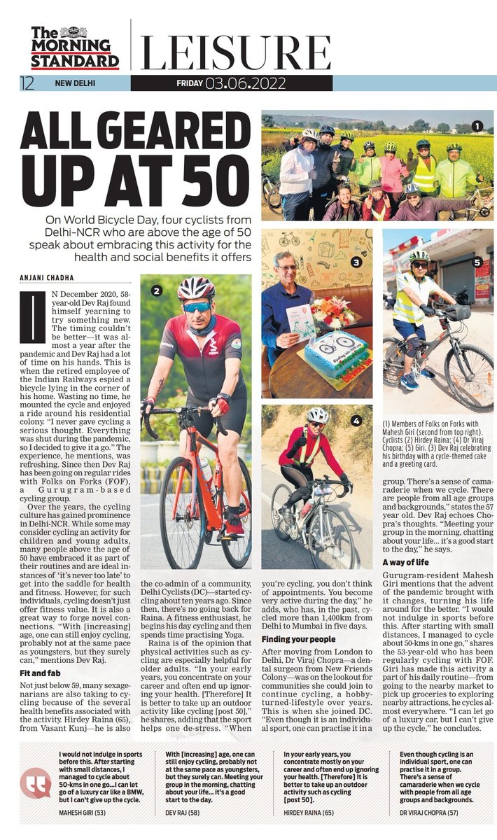 This #WorldBicycleDay, <a href="/AnjaniChadha/">Anjani</a> and <a href="/TheMornStandard/">TheMorningStandard</a> speak to four #Cyclists who are above 50 about the embracing #cycling and the health and social benefits of it.

Read full story here: bit.ly/3MfyYQv